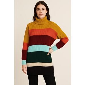 Farm Rio Oversized Multicolor Stripe Turtleneck Sweater Dress Winter Fall Cozy